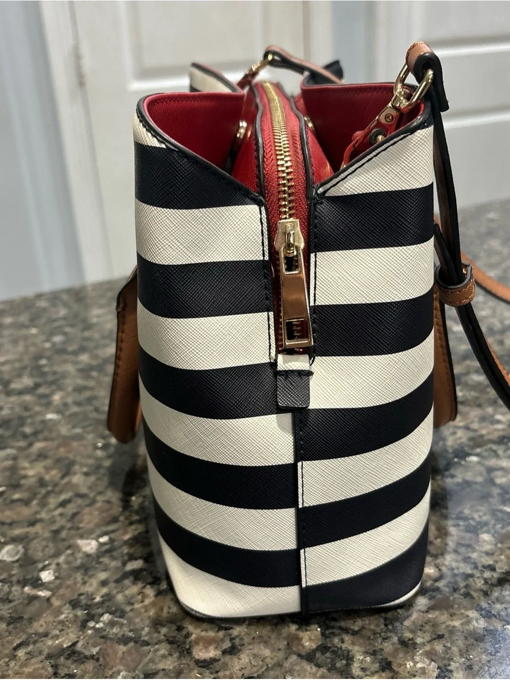Aldo Navy & White Striped Satchel with Tan Handles